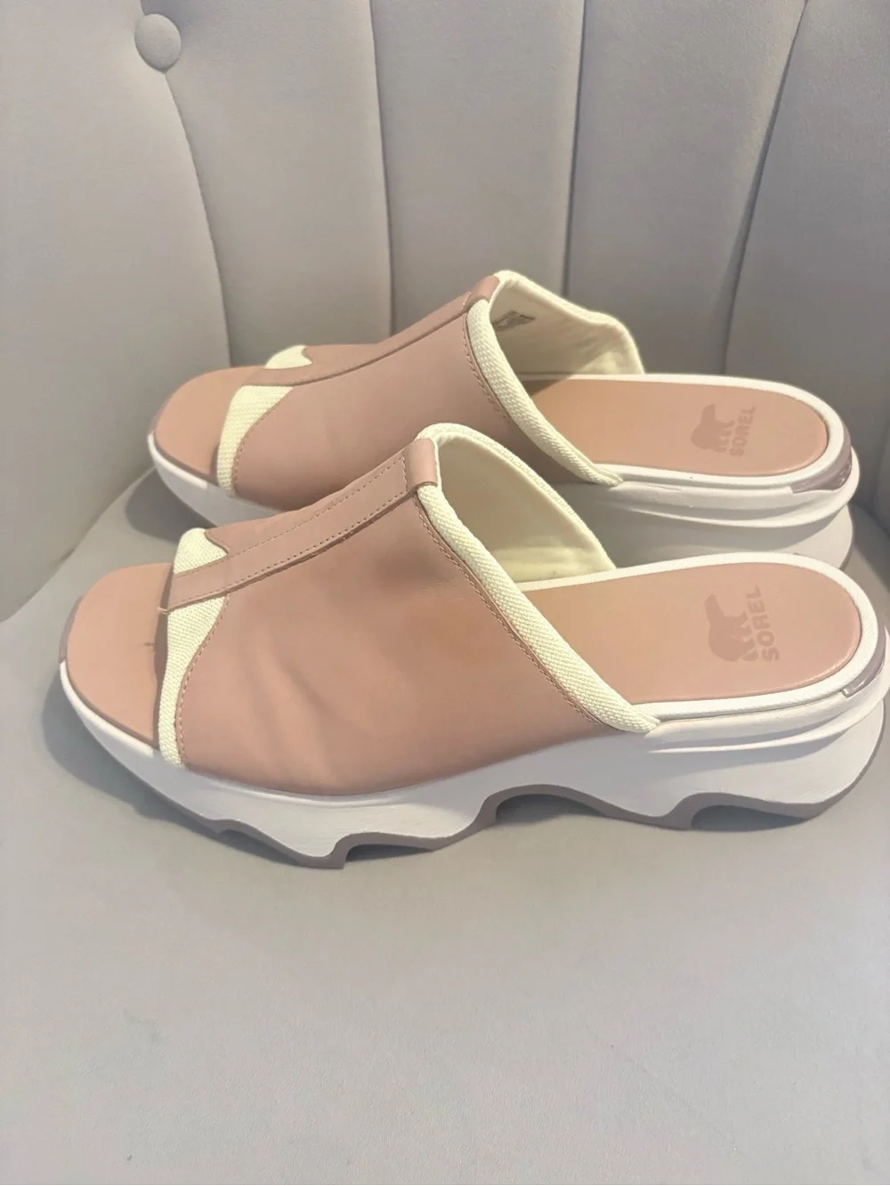 Sorel Women’s Blush Pink and Cream Platform Slide Sandal